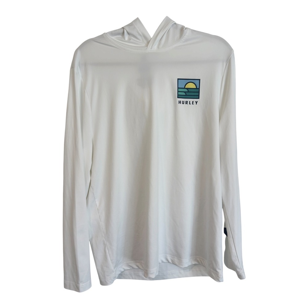 Hurley Mens White Long Sleeve Hooded Sun Shirt Rash Guard Graphic Logo Size M